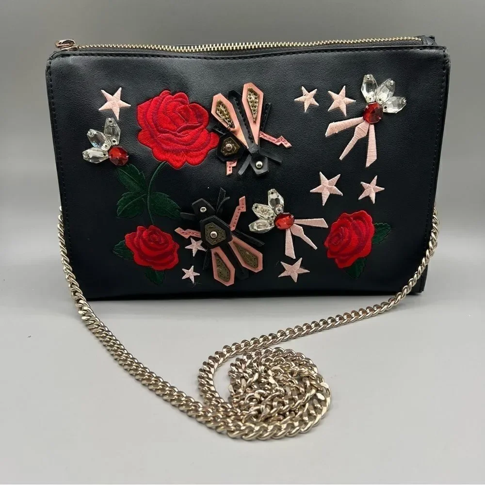 Zara Rose Embroidered Gold Chain Crossbody - Picture 2 of 10